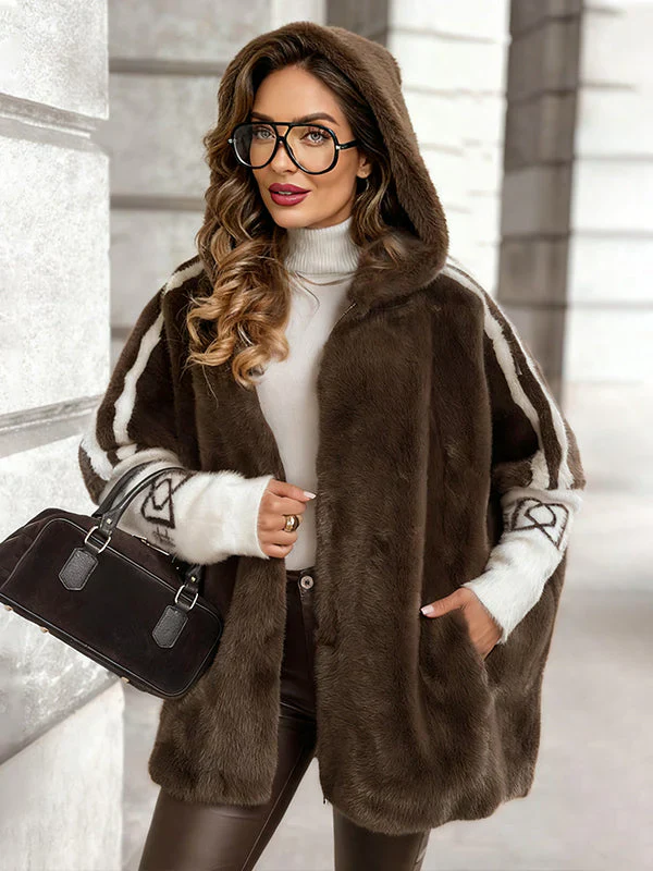 Women Plush Hooded Vertical Stripe Printed Casual Coat