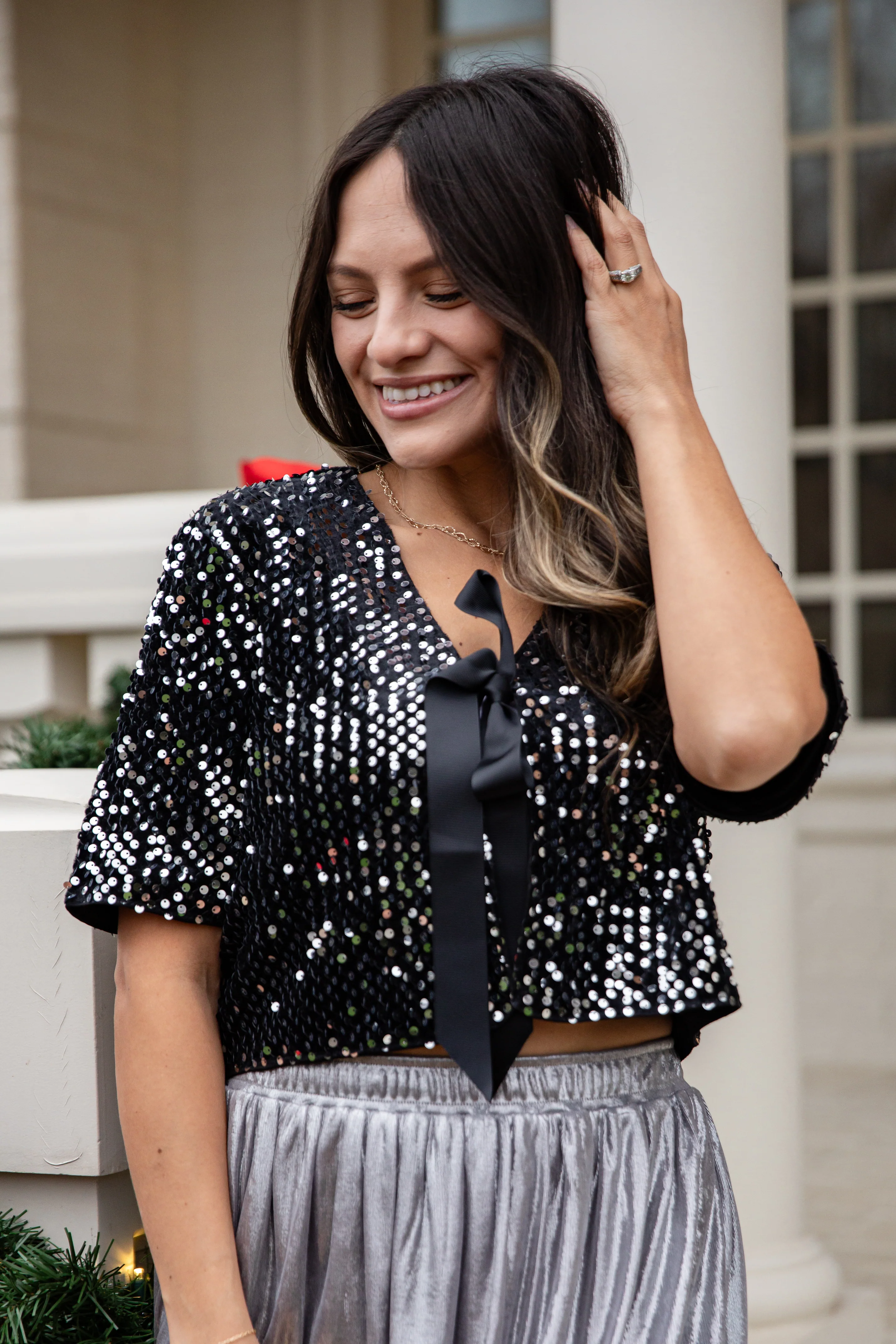 FINAL SALE - Black Ice Sparkle Sequin Tie Top