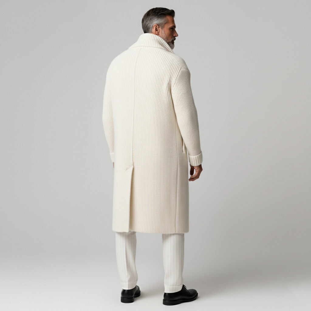 Men's Off White Ribbed Knit Turndown Collar Long Sleeve Button Mid-Length Sweater Overcoat