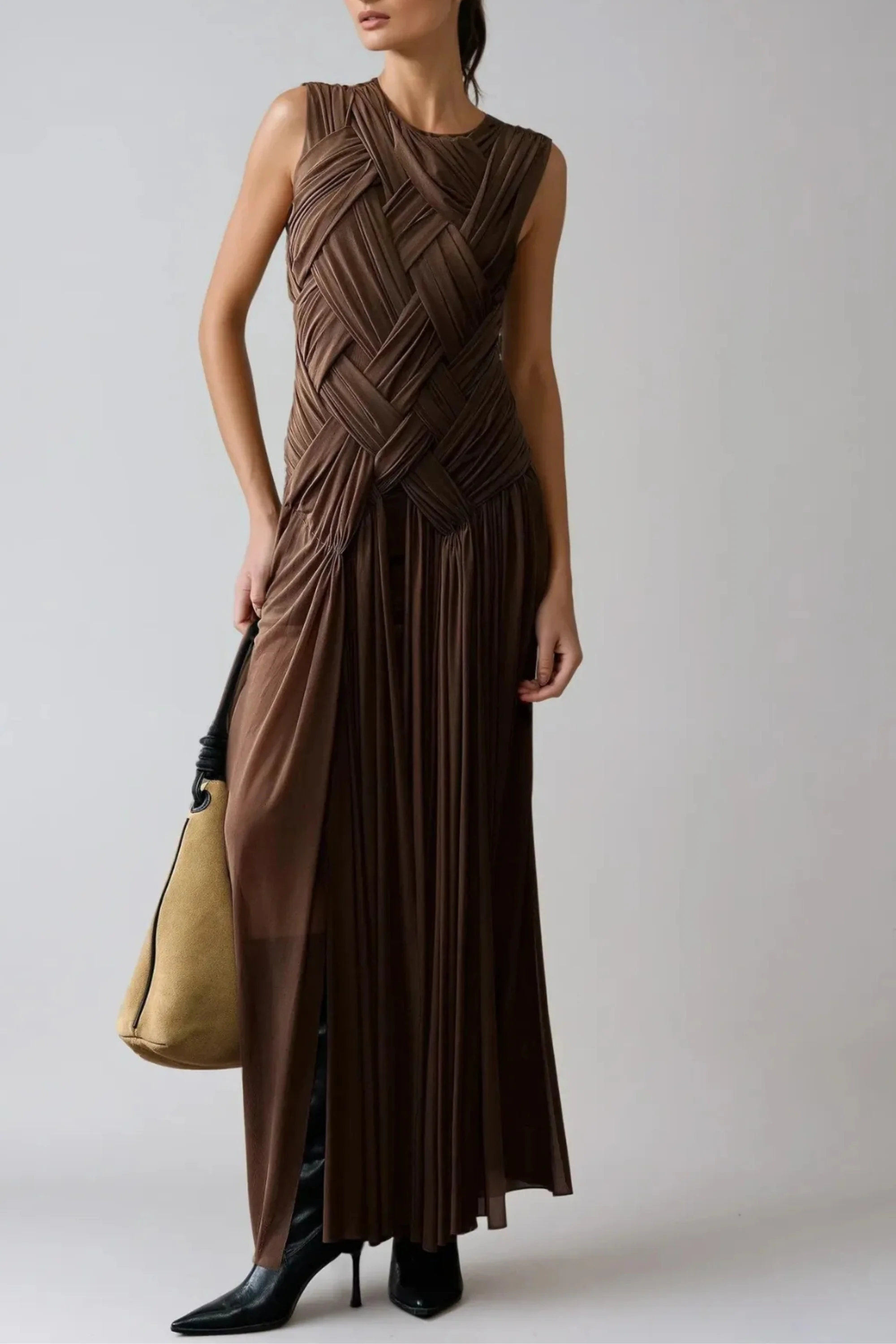 Brown Braided Slit Maxi Dress