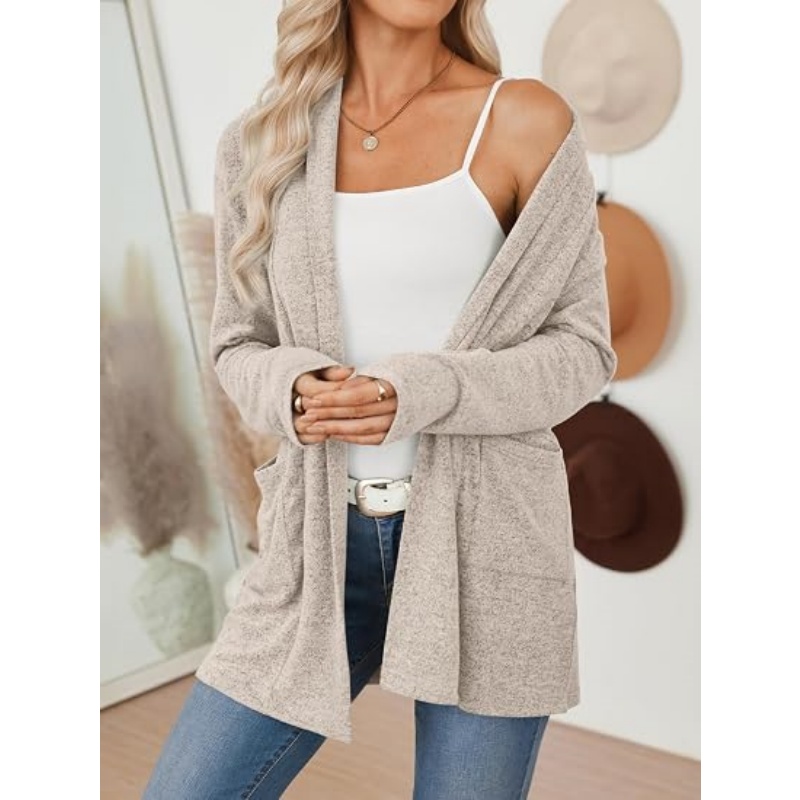 Women Lightweight Open Front Knit Cardigan Long Sleeve Fall Casual Cardigan with Pockets Soft Mid‑Length Outerwear