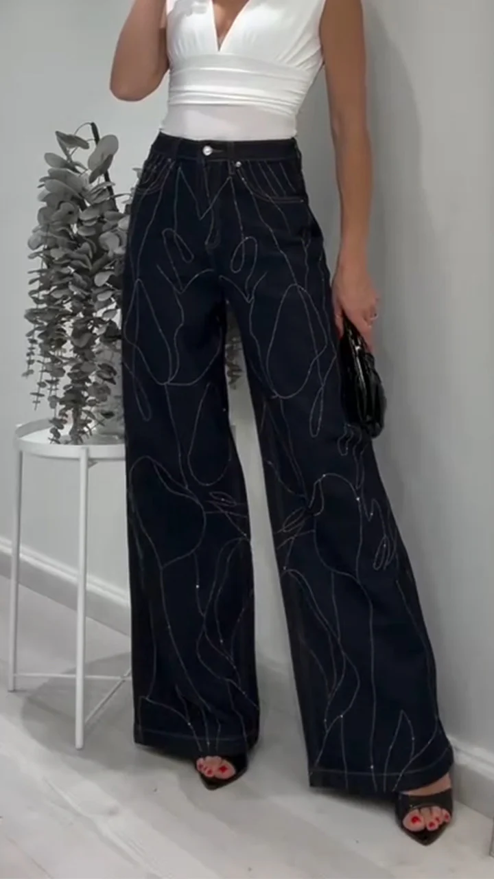 Women High-waisted Textured Rhinestone Casual Jeans