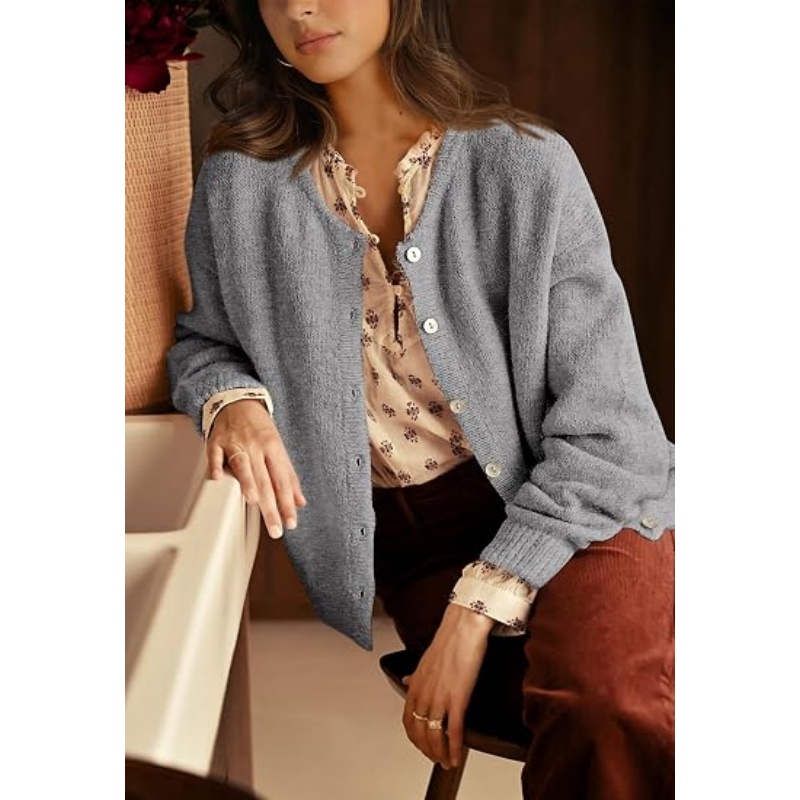 Women Fall Crewneck Button‑Down Knit Cardigan Long Sleeve Drop‑Shoulder Loose Cropped Textured Knit Outerwear