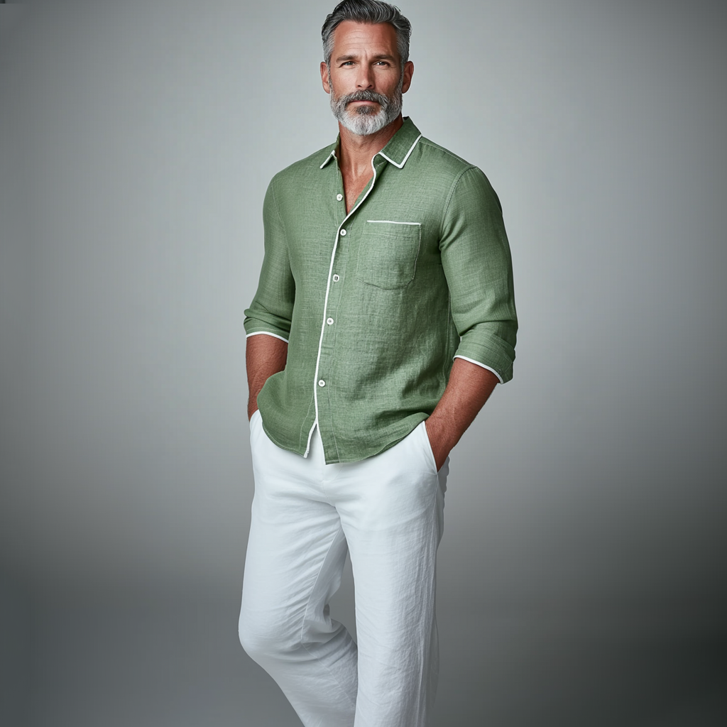 Men's Turndown Collar Button Chest Pocket Contrast Binding Long Sleeve Shirt