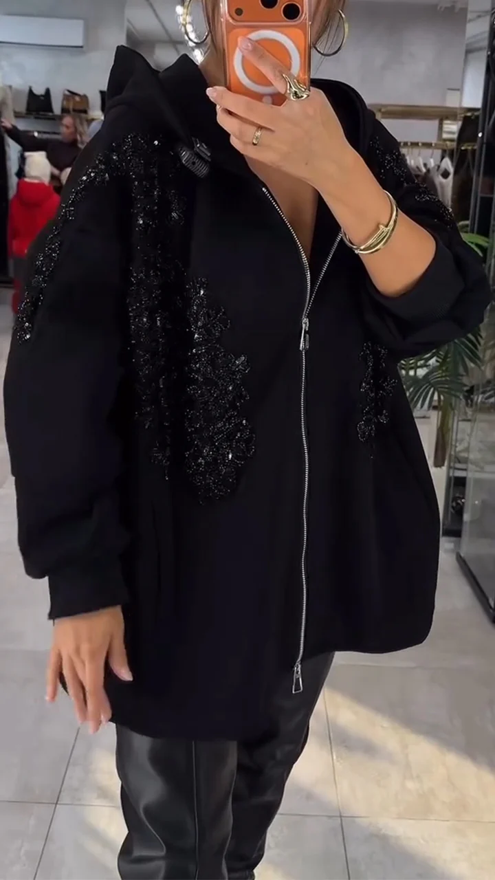 Women Hooded Rhinestone Patterned Casual Jacket
