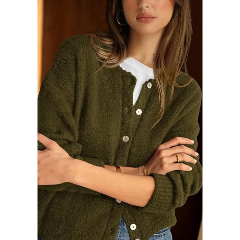 Women Fall Crewneck Button‑Down Knit Cardigan Long Sleeve Drop‑Shoulder Loose Cropped Textured Knit Outerwear