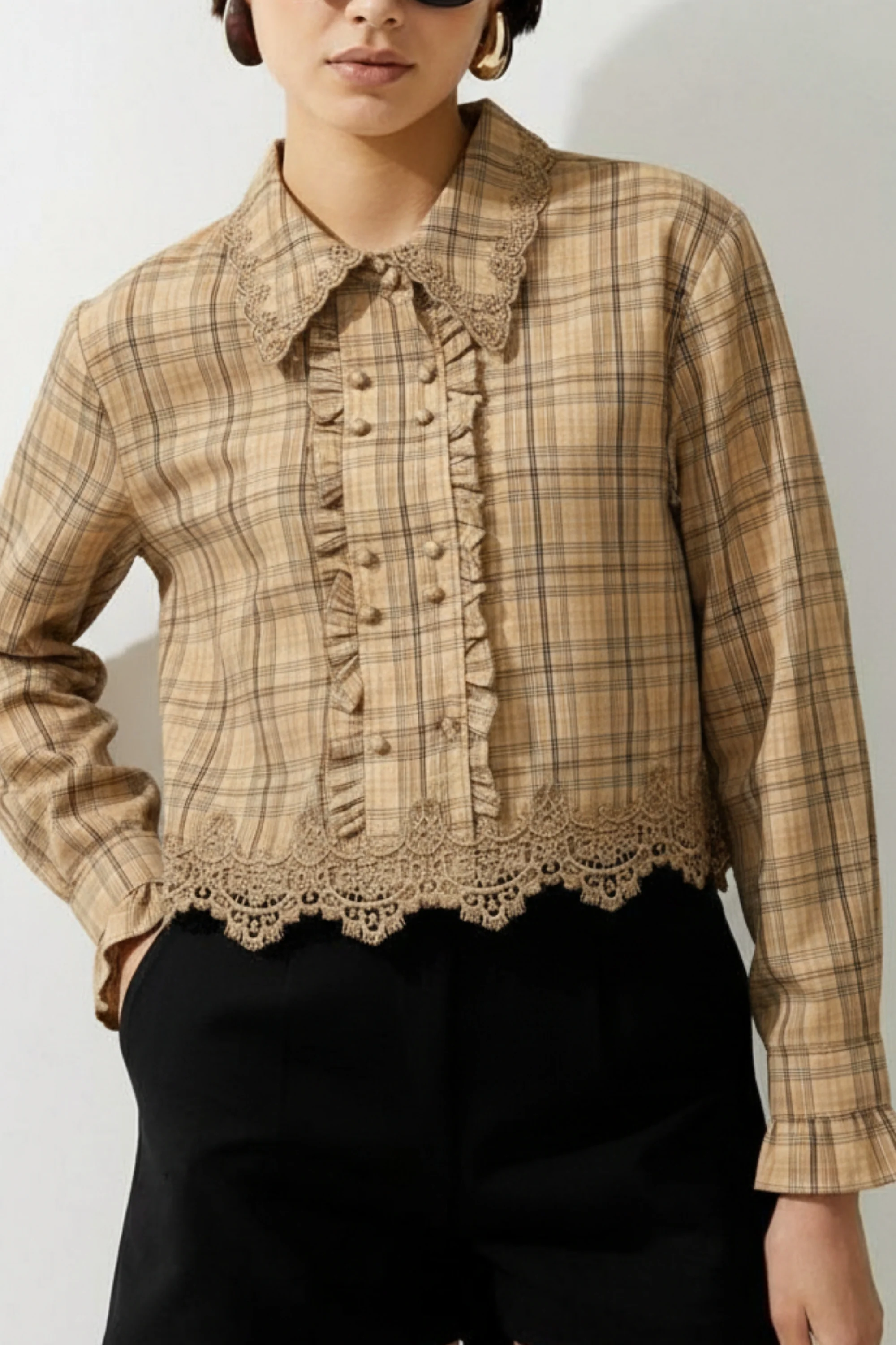 Caramel Plaid Lace Hem Ruffle Shirt