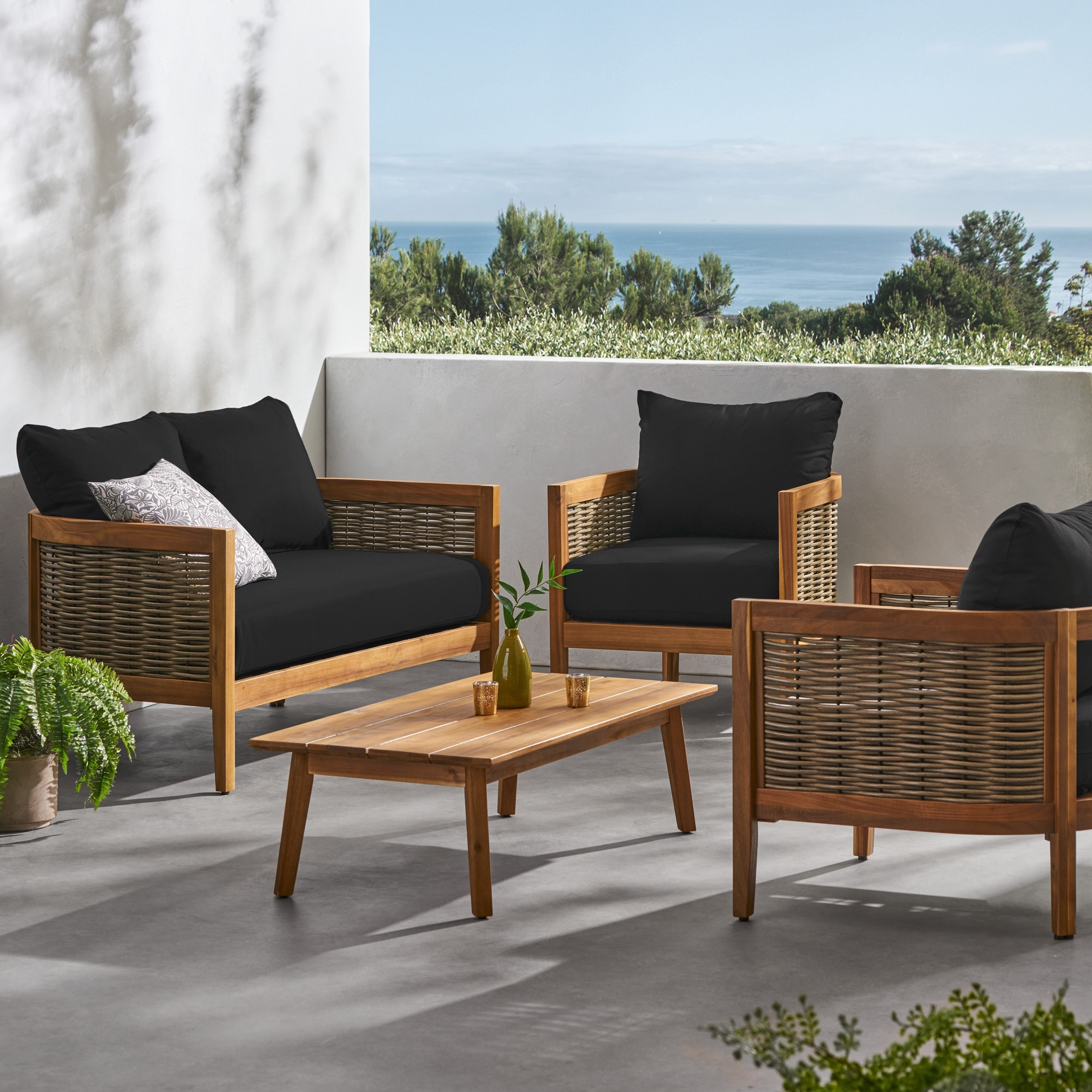 Burchett Outdoor Acacia Wood and Wicker 4 Seater Chat Set with Optional Sunbrella Cushions by Christopher Knight Home