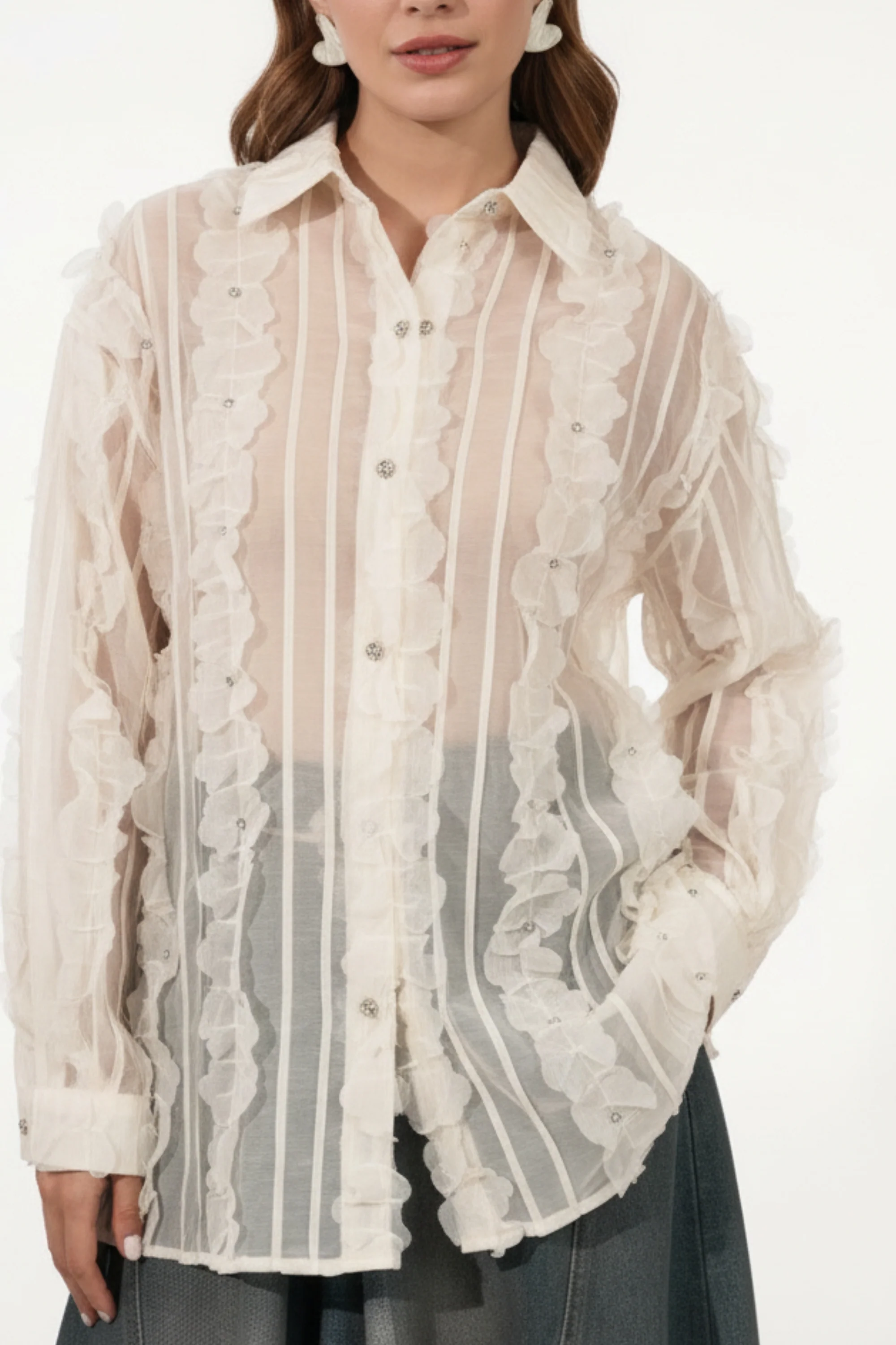 Applique Cream Sheer Shirt