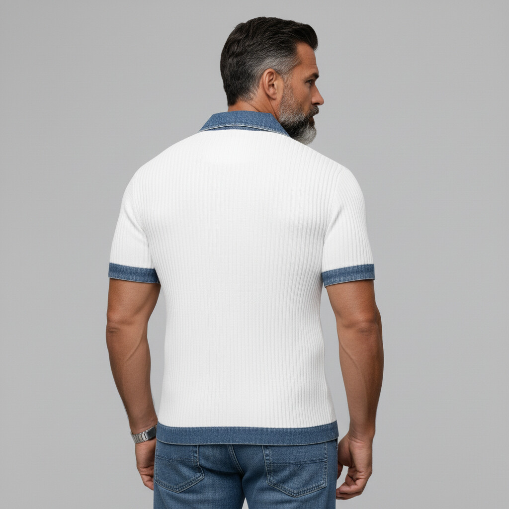 Men's Denim Contrast Trim Camp Collar Ribbed Short Sleeve Shirt