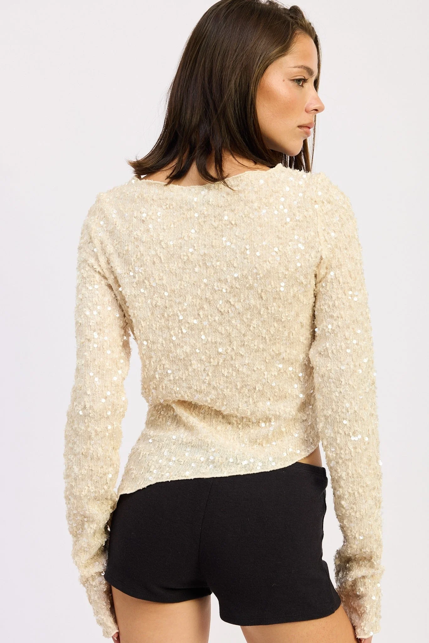 Ivory Asymmetrical Long Sleeve Sequin Top