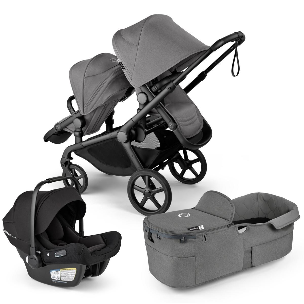 Bugaboo Kangaroo Double Stroller + Turtle Air Shield By Nuna Travel System Bundle - Black / Moon Grey / Moon Grey