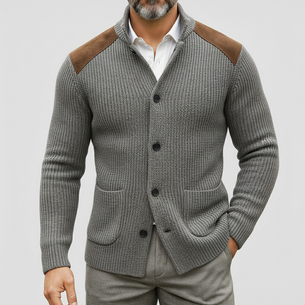Men's Retro Knit Patchwork Stand Collar Long Sleeve Single Breasted Cardigans