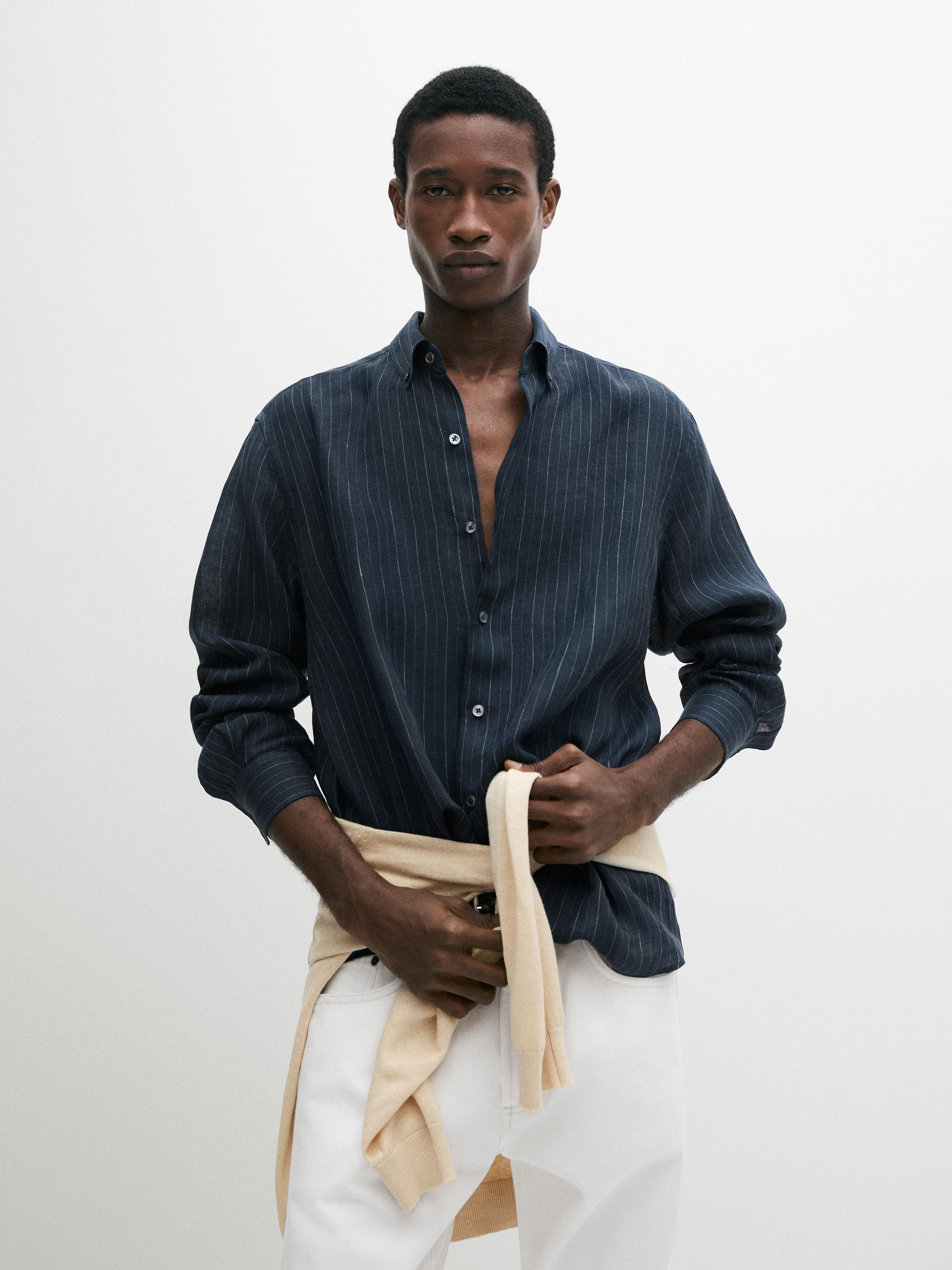 Camisa rayas botón cuello 100% lino