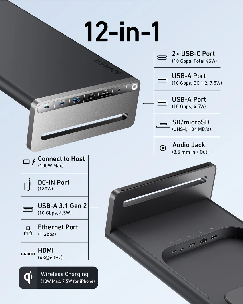 Anker 675 USB-C Docking Station (12-in-1, Monitor Stand, Wireless)