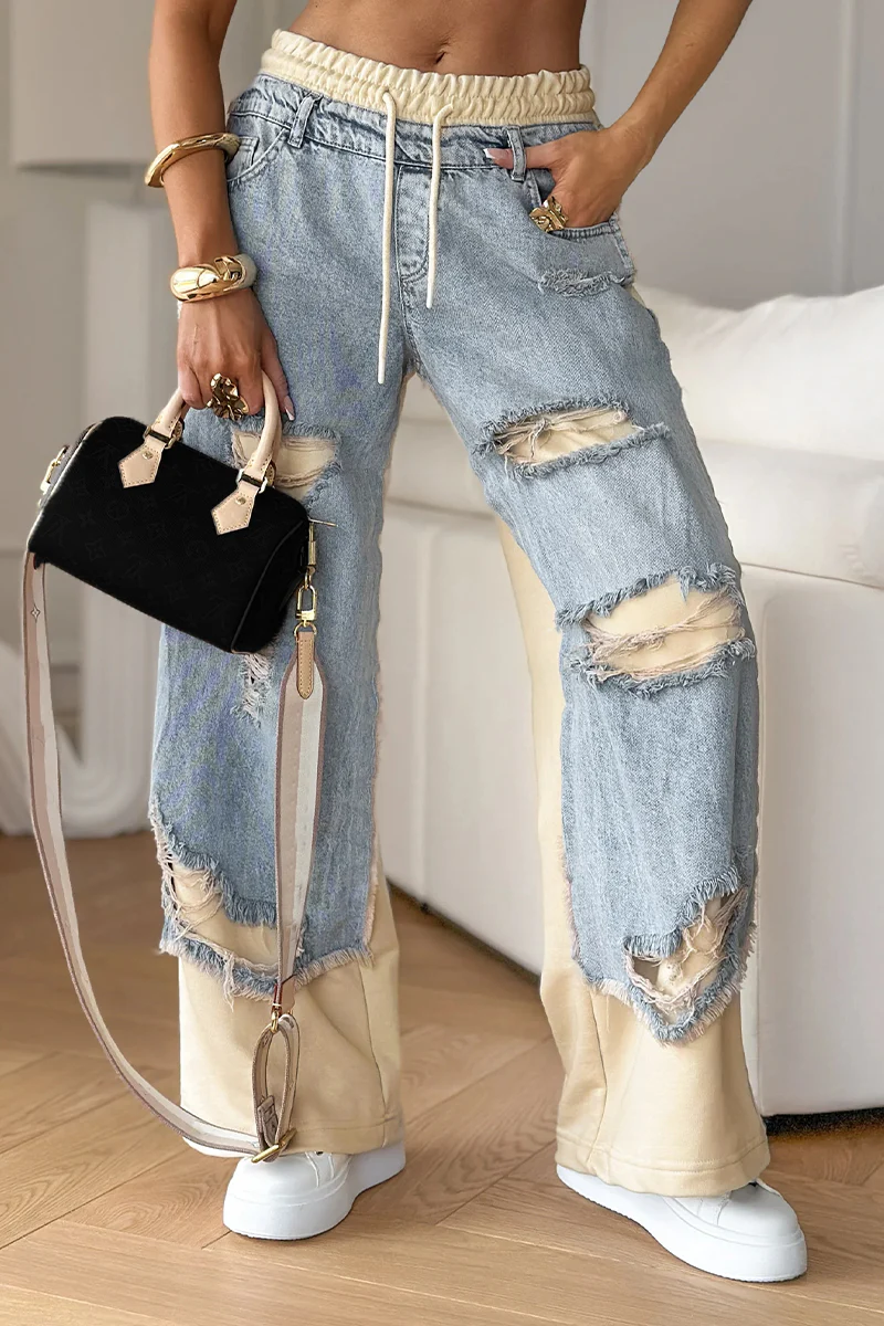 Women's Denim Trousers with Stitching and Ripped Design