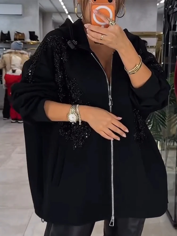 Women Hooded Rhinestone Patterned Casual Jacket