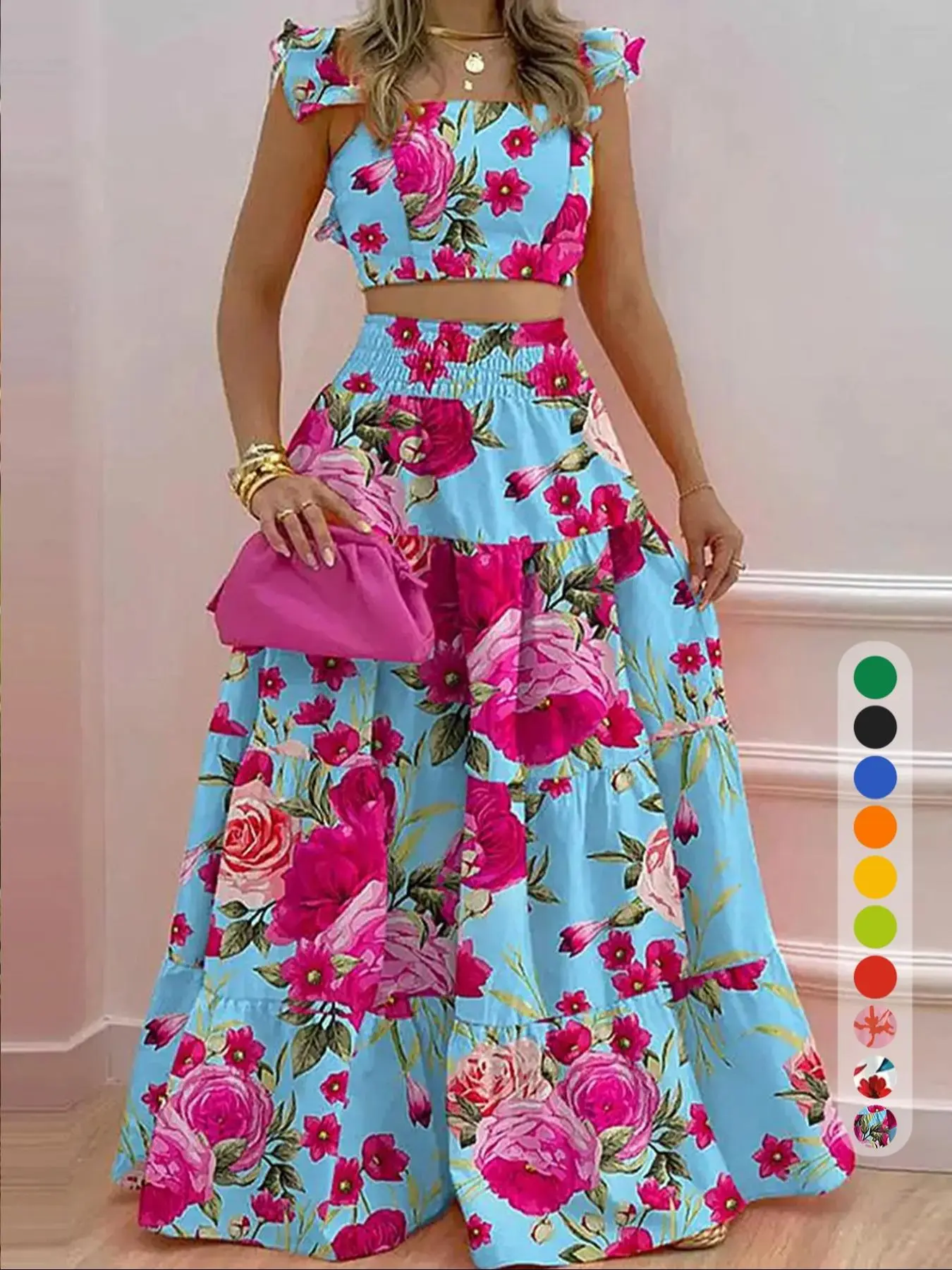 Women's Solid Color / Floral Print Shirred Top & Long Skirt Two-piece Set, Boho Fashion Casual Top & Skirt for Daily Holiday Vacation Wear, Ladies for Summer