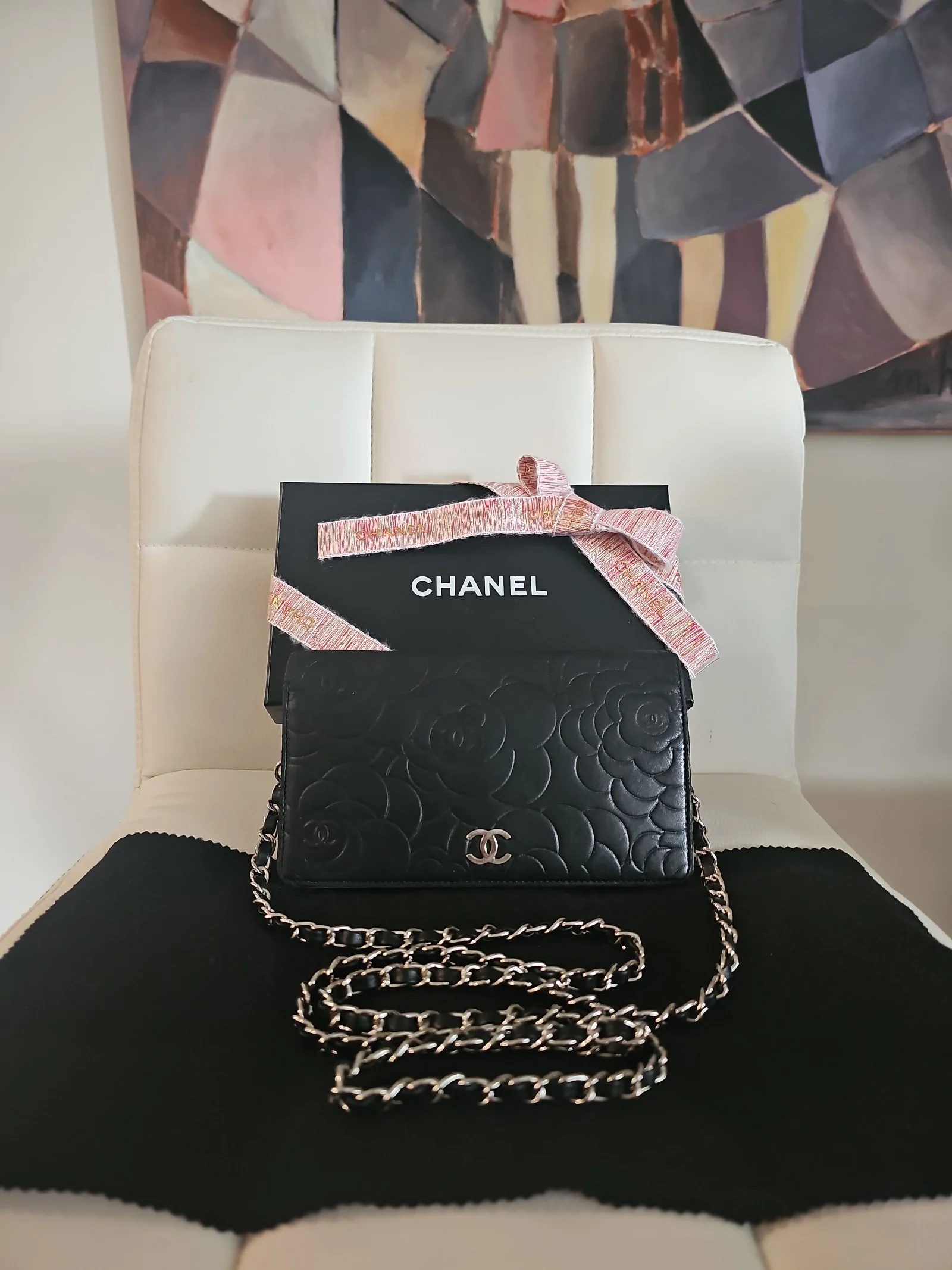 CHANEL Black Lambskin Camellia Embossed Wallet