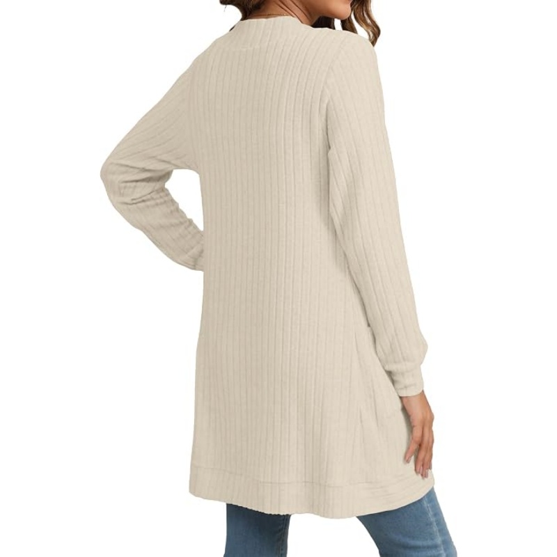 Women Striped Ribbed Knit Cardigan Open Front Long Sleeve Mid‑Length Casual Sweater Cardigan with Side Pockets