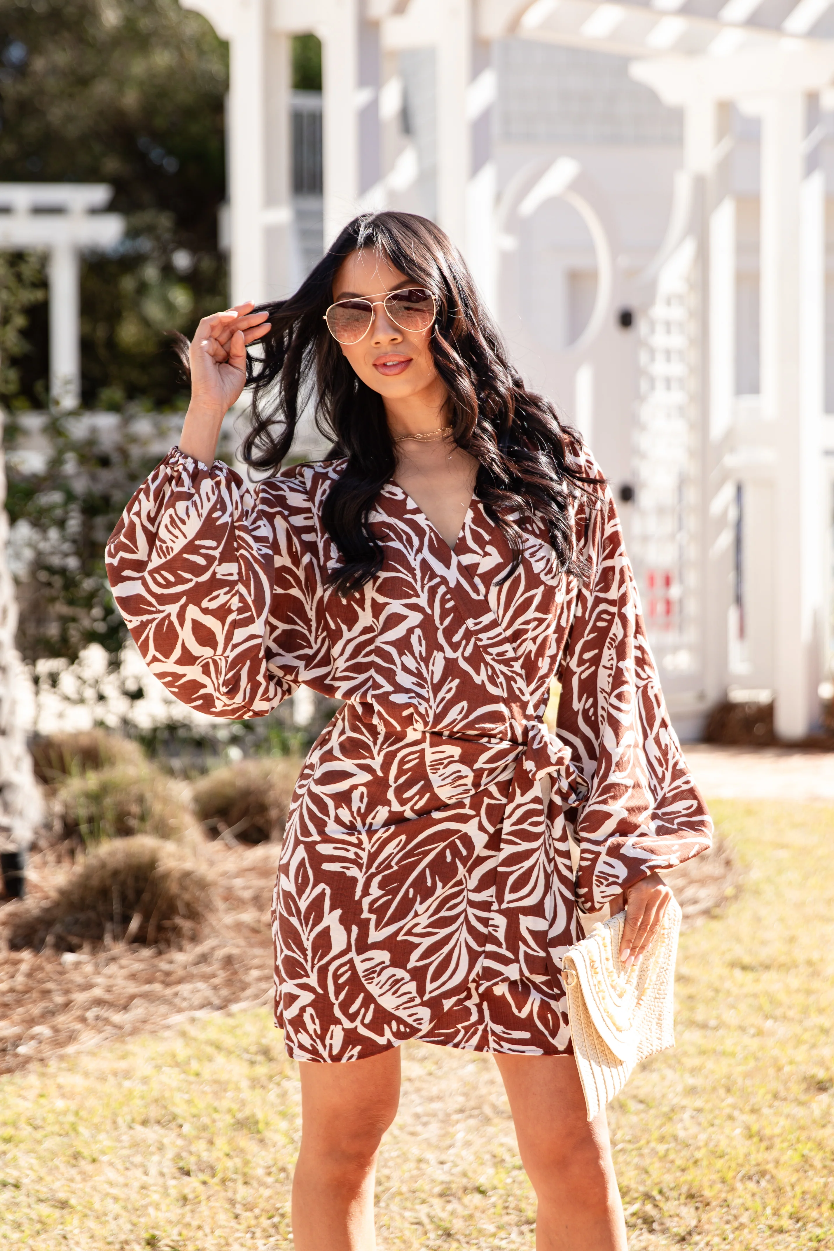 Wandering Heart Brown Print Wrap Mini Dress