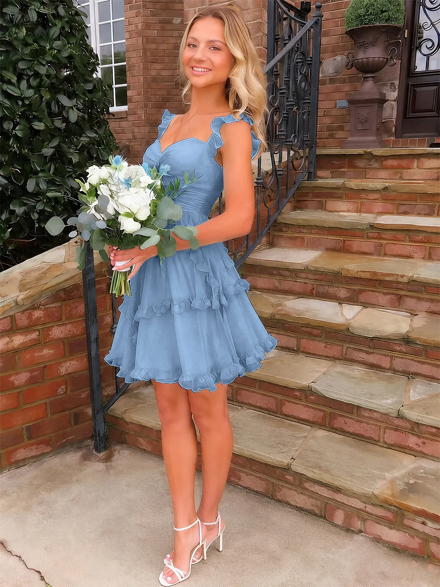 Sweetheart Ruffle Strap Tiered Chiffon Mini Homecoming Dress
