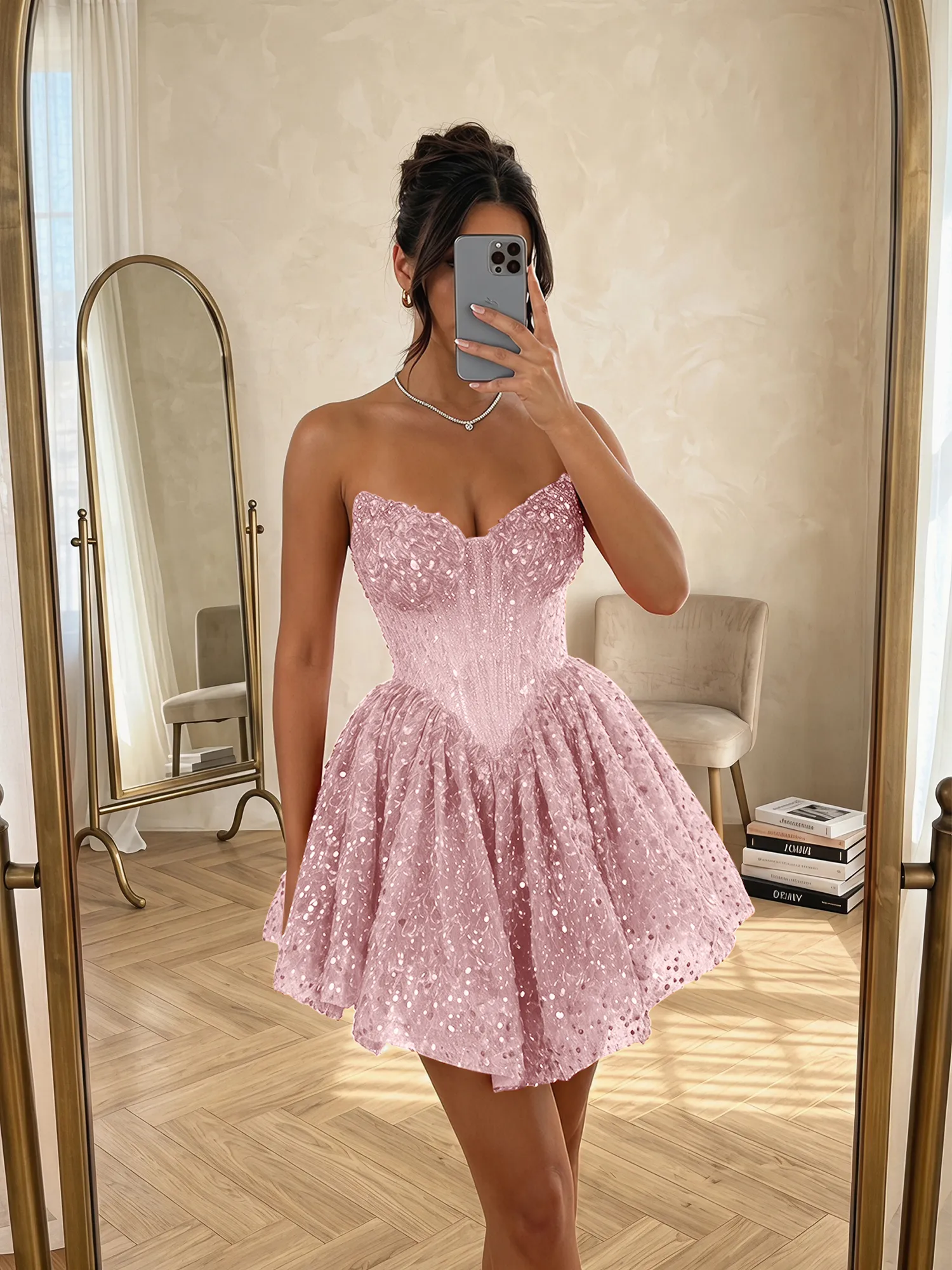 Sequin Strapless Sweetheart Mini Homecoming Dress with Ruffled Skirt