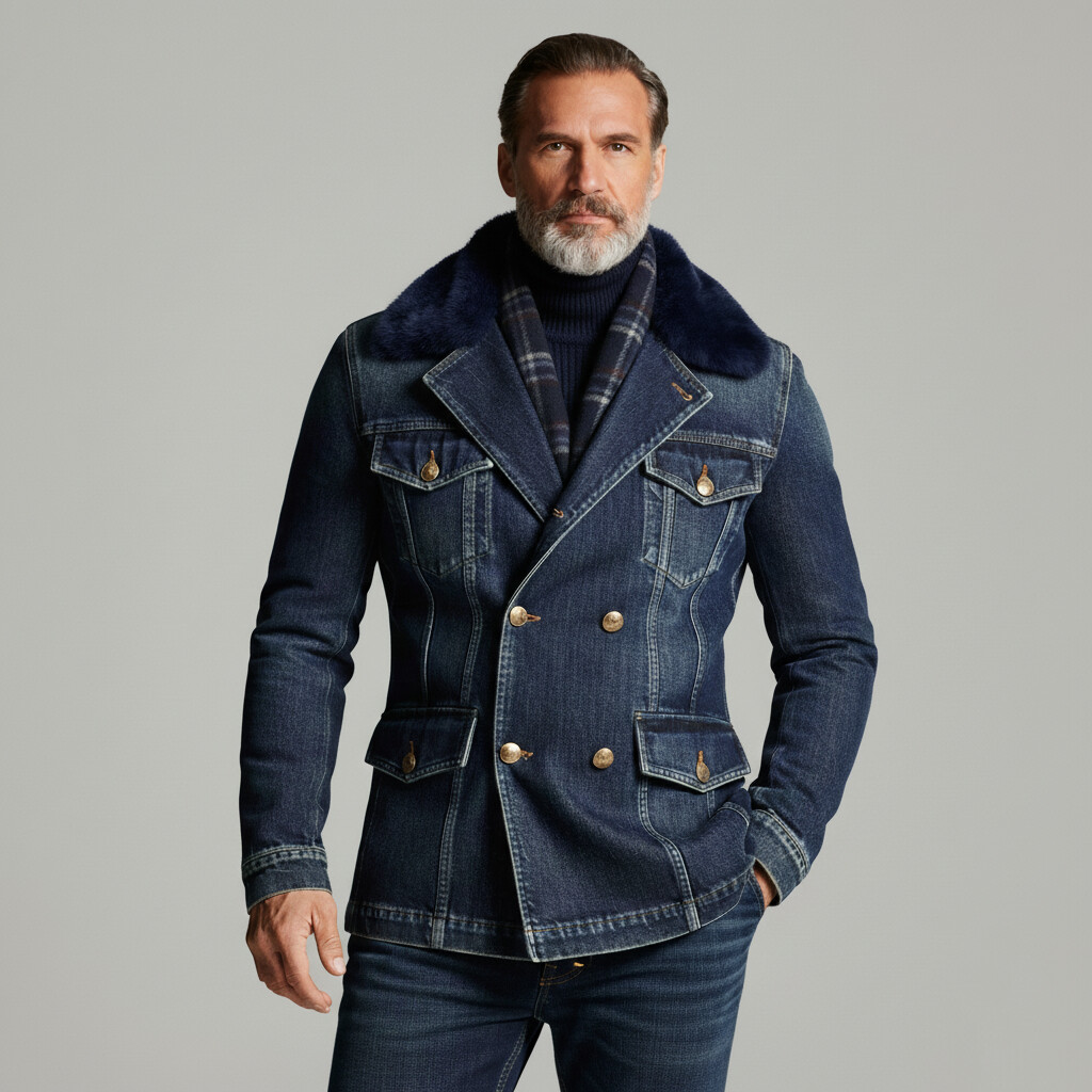 Men's Navy Blue Fur Lapel Collar Double Breasted Long Sleeve Denim Jacket