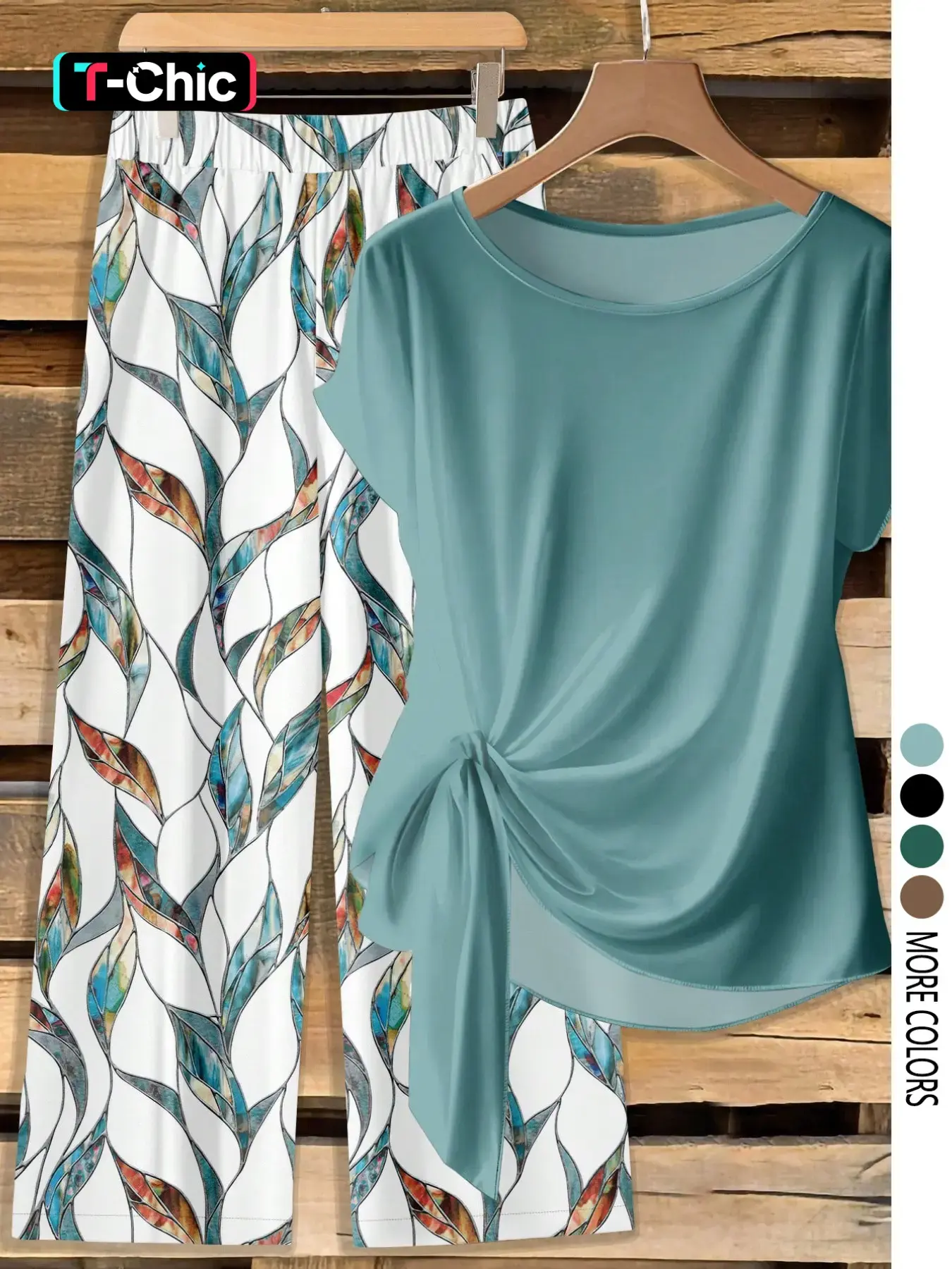 Women's Casual Printed Necktie Shirt and Loose Straight Pants Set, Perfect for Spring and Summer, Comfortable Two-Piece