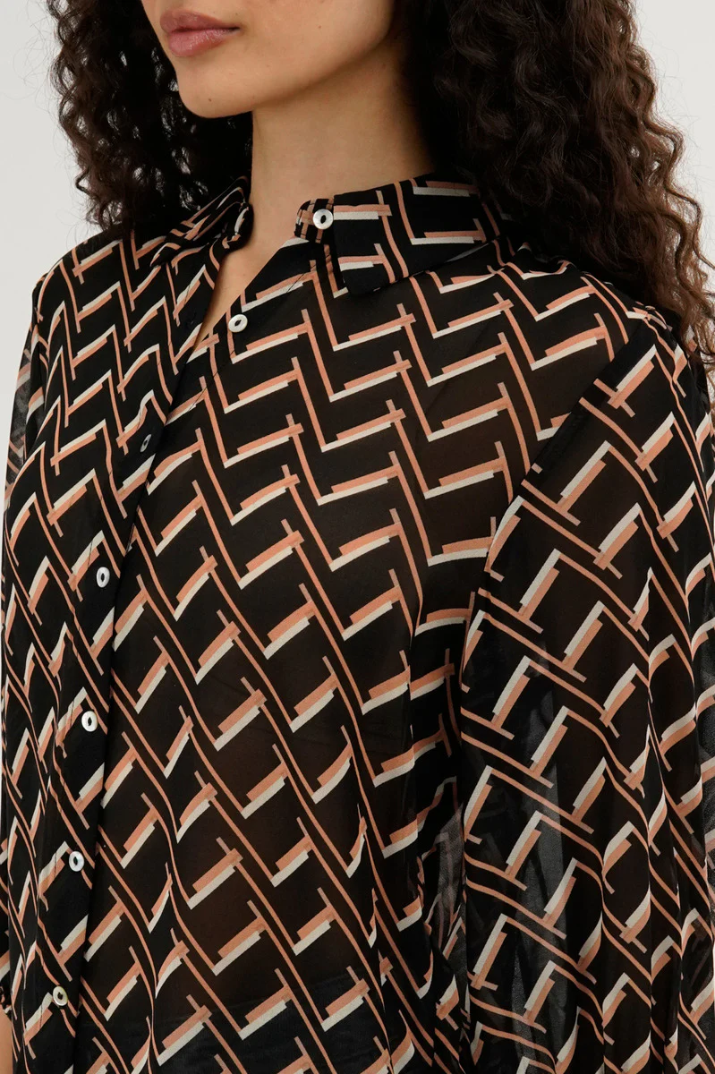 Patterned Sheer Button Down Blouse - Black