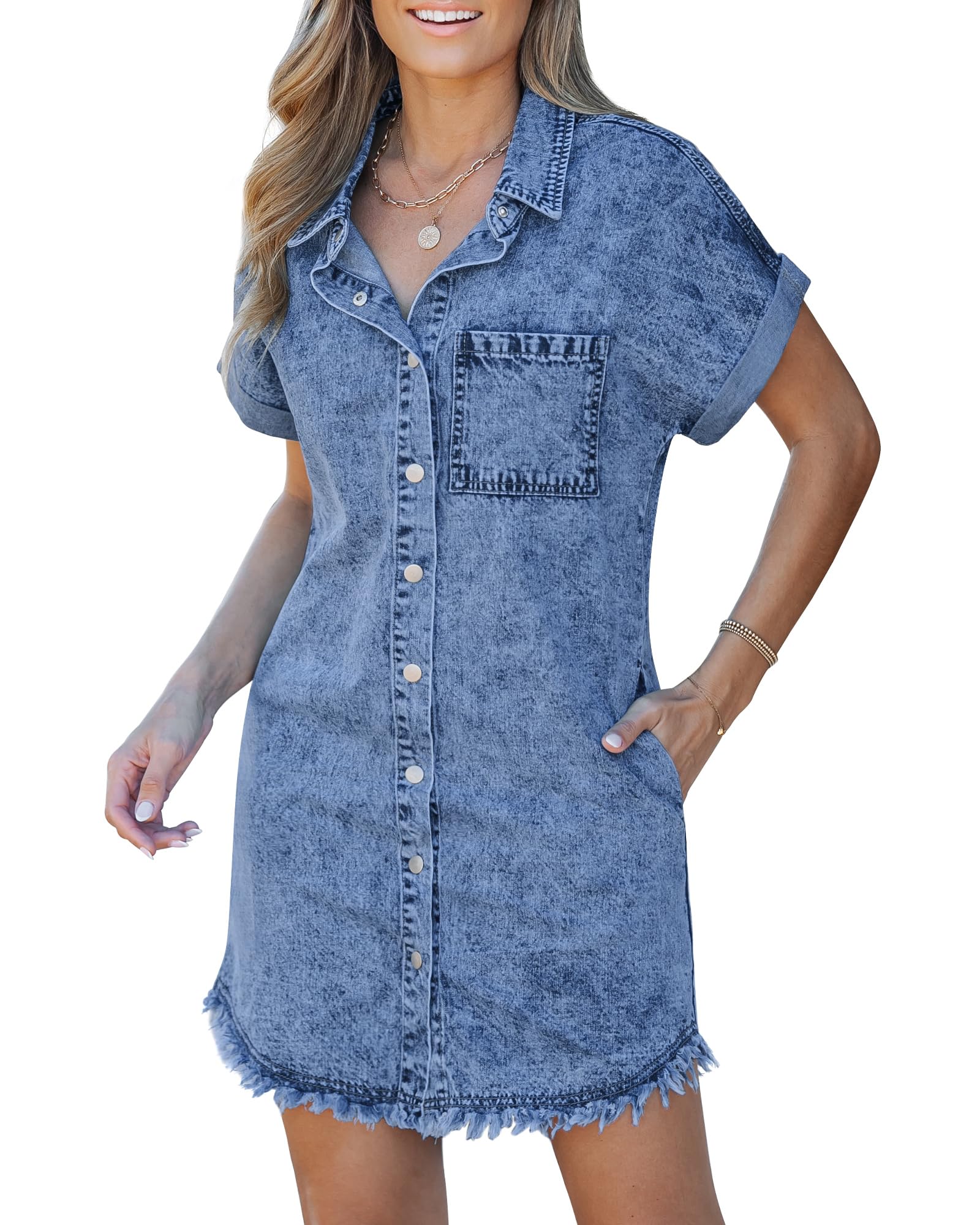 Women's Button Down Frayed Hem Denim Shirt Dresses