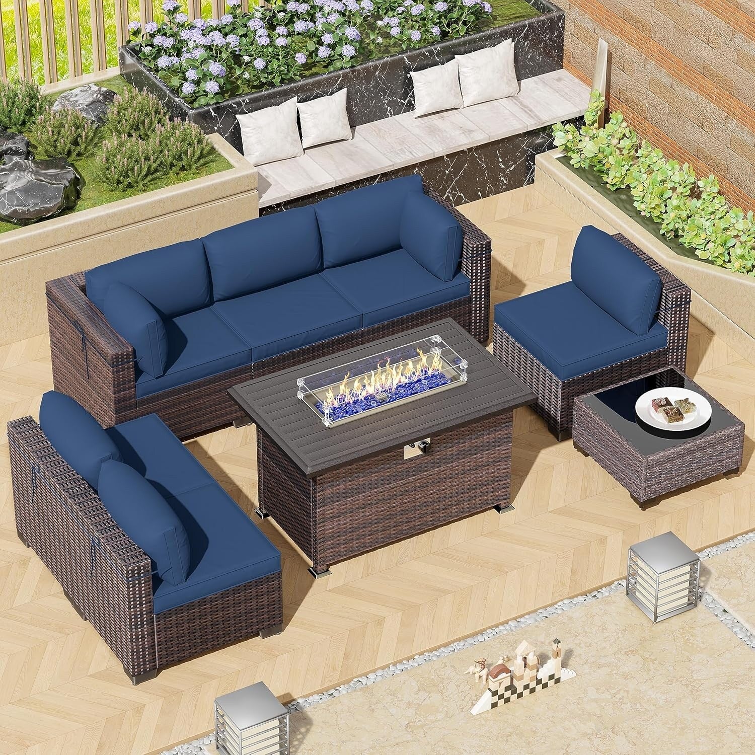 Outdoor Rattan Sectional Sofa Set, Patio Furniture Conversation Set with Fire Pit Table