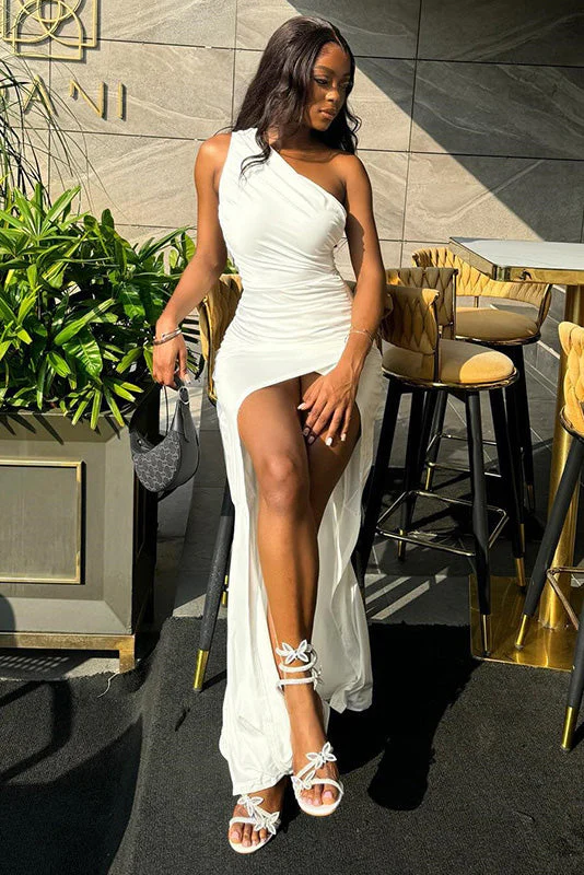 One-Shoulder Ruched High-Slit Maxi Dress