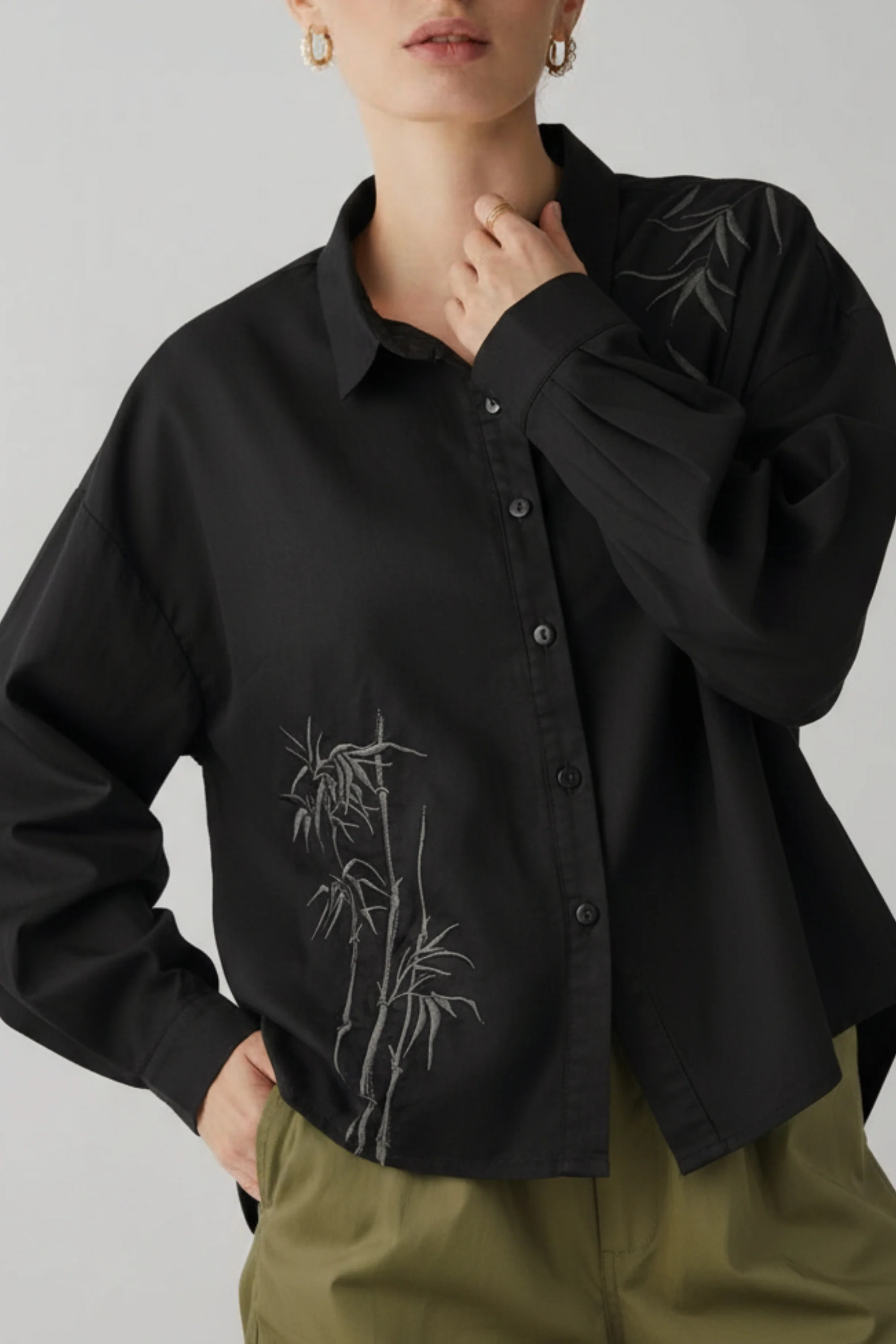 Black Cotton Shirt With Bamboo Embroidery