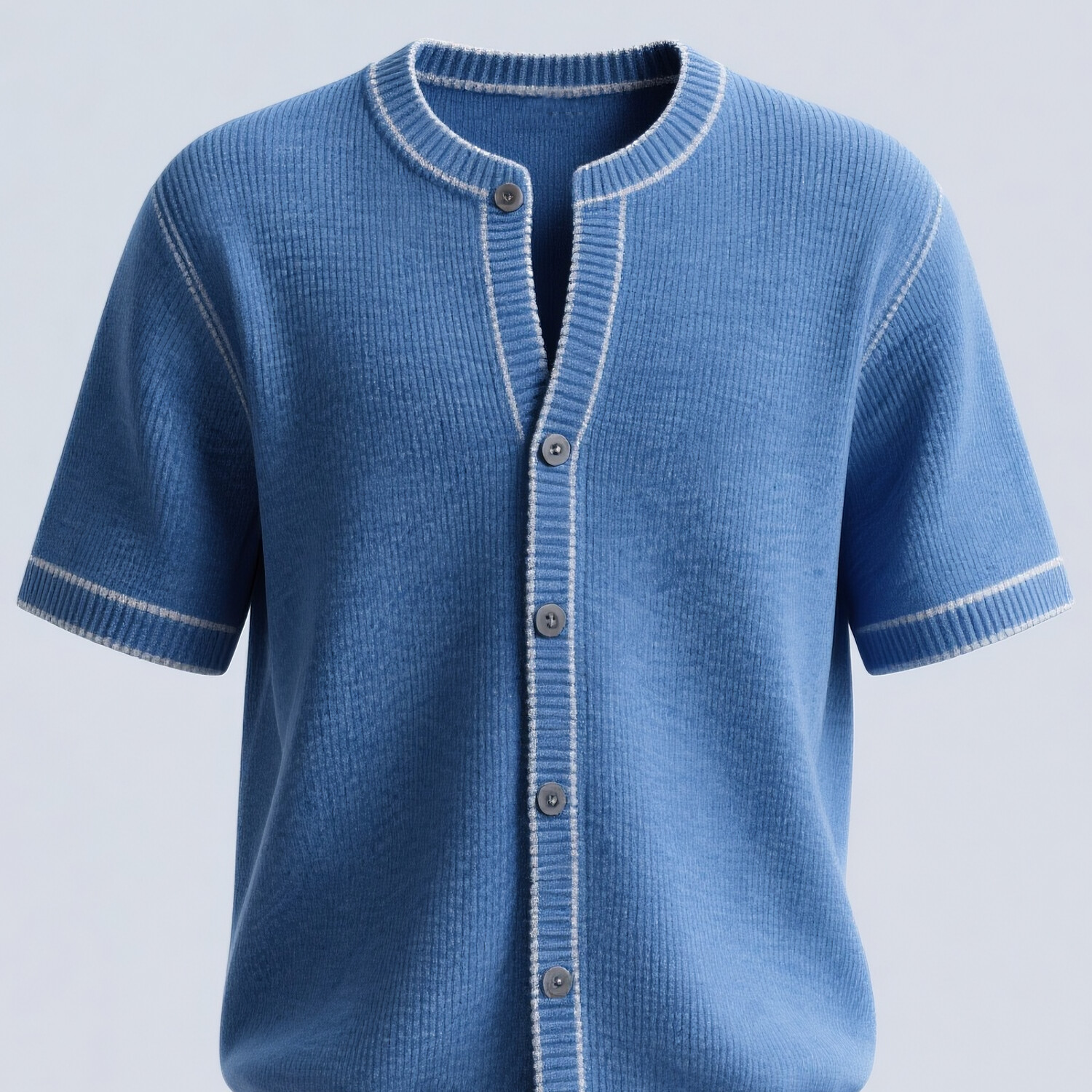 Men's Contrast Trim Crew Neck Short Sleeve Button Knit Shirt