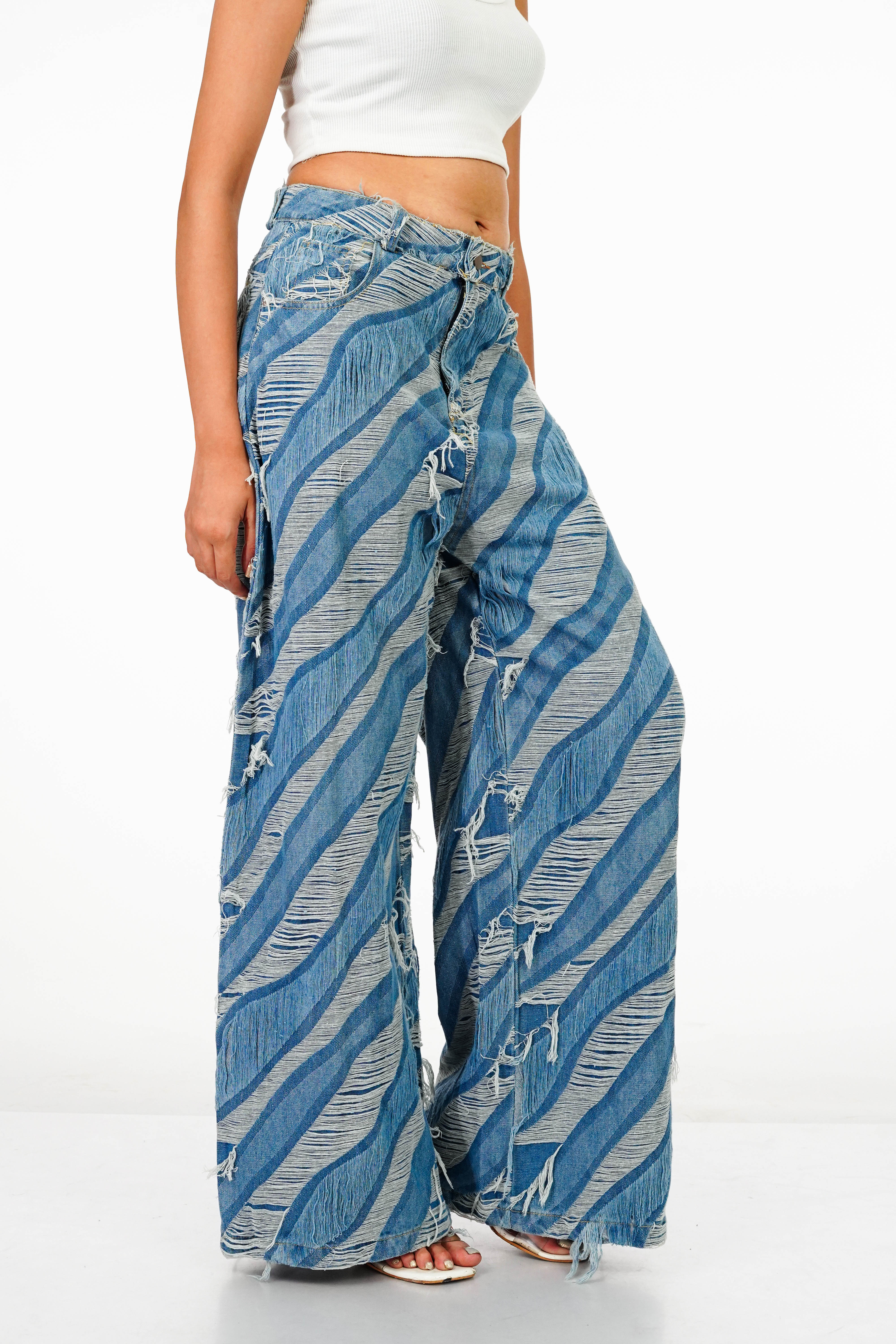 Wavy Distressed Wide Leg Denims