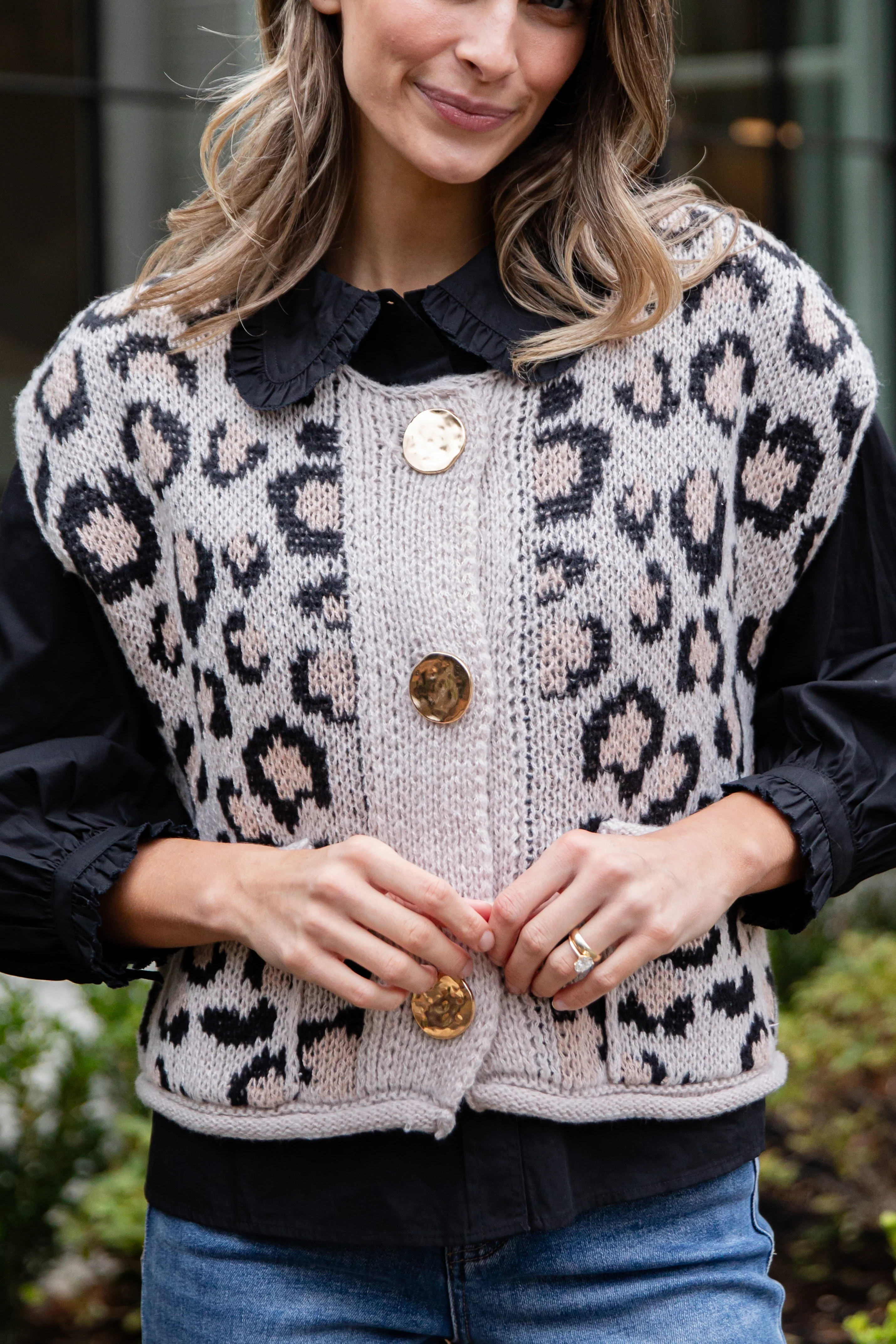 Neutral Instinct Leopard Button Front Knit Vest