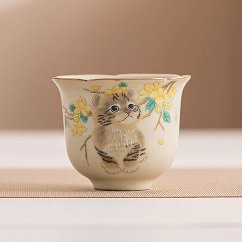 Cute Cat Yellow Flowers Rabbit Teacup Kung Fu Tea Cup