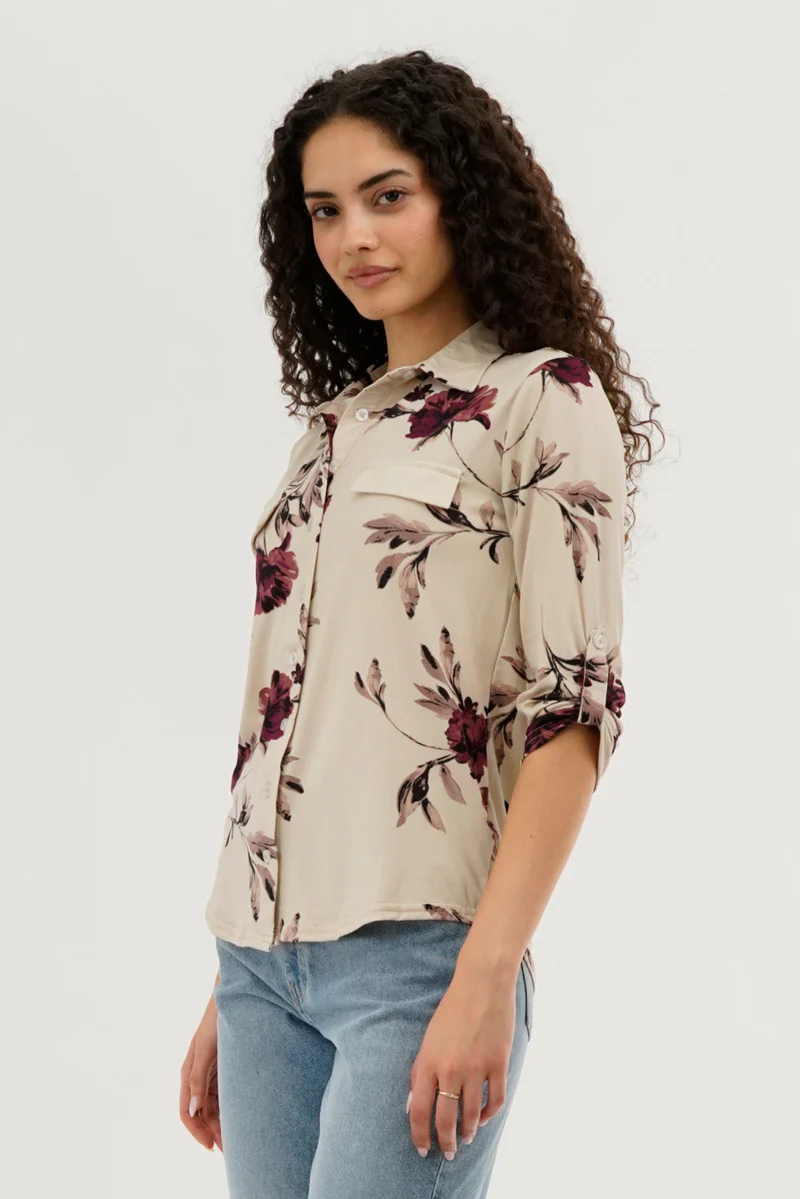 Floral Button Up Blouse - Beige