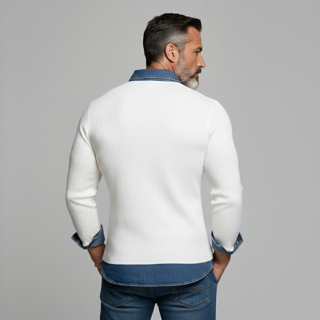 [Pre-Order] Men's Casual White Patchwork Denim Shirt Collar Long Sleeve Polo Shirts