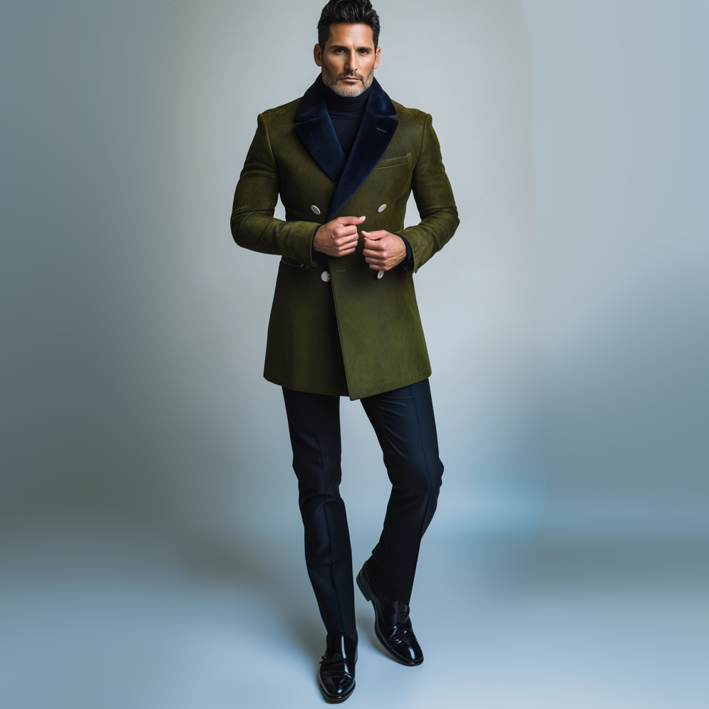 Men's Suede Two Tone Lapel Collar Double Breasted Long Blazer