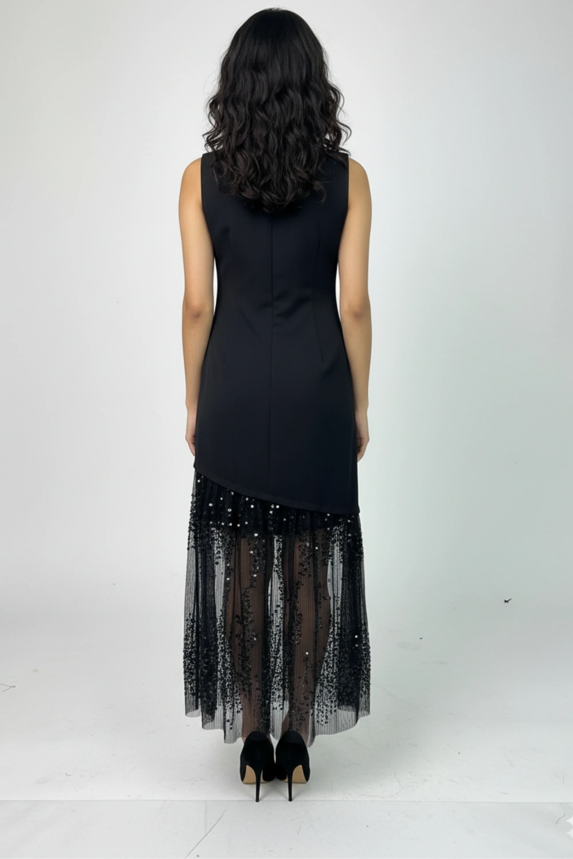 Black Lace & Sequin Midi Dress