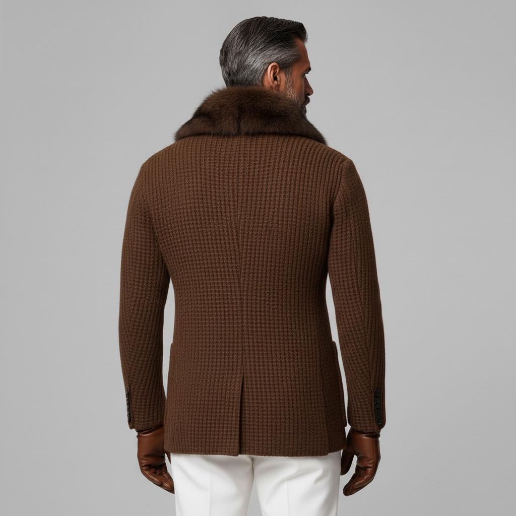 Men's Brown Furry Collar Double Breasted Long Sleeve Patch Pocket Knit Sweater Coat
