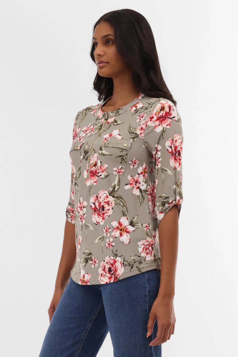 Floral Half Zip Blouse - Olive