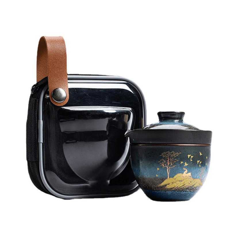 Ceramic Teacup Deer Mountain Trees Lovely Cat Black Tea Cup With Lid and Bag
