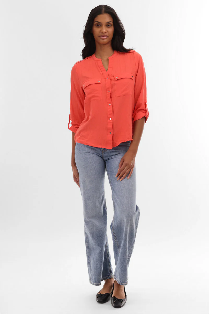 Roll Up Sleeve Utility Pocket Blouse - Coral