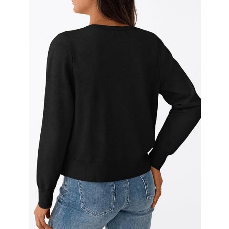 Women's Lightweight Crew Neck Knit Cardigan Long Sleeve Button Down Cropped Knit Outerwear