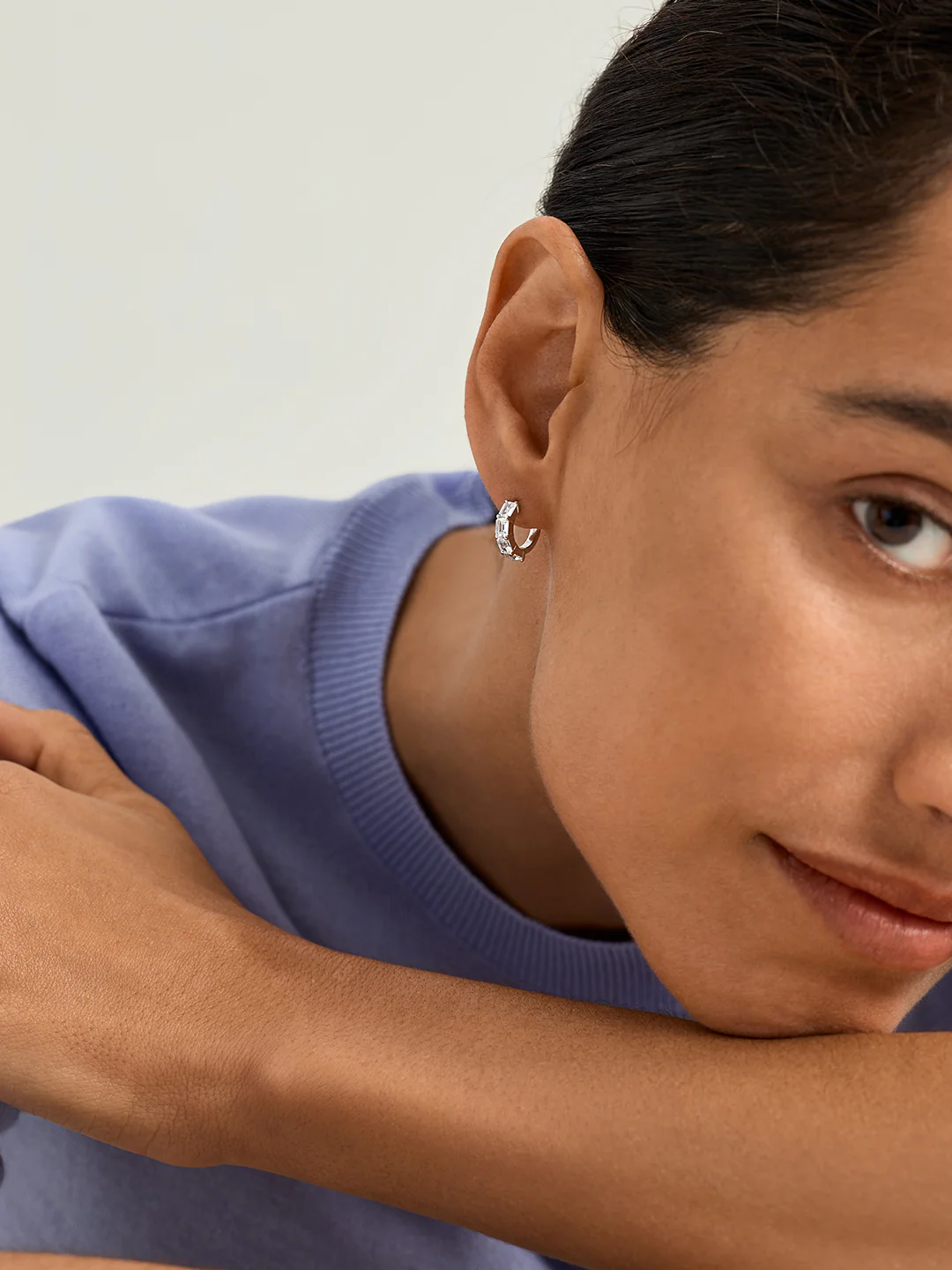 Emerald Cut Sapphire Silver Huggies