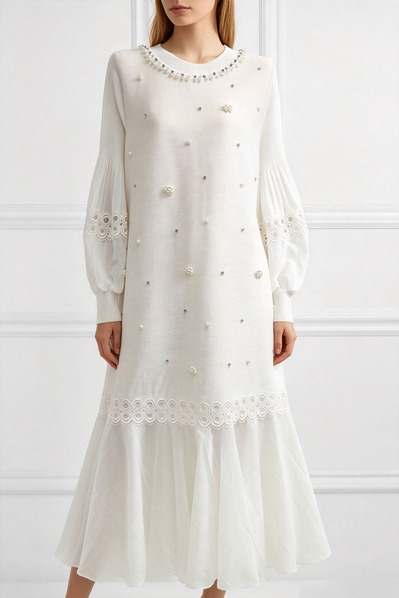 Loose elegant lace spring rhinestone fold dress