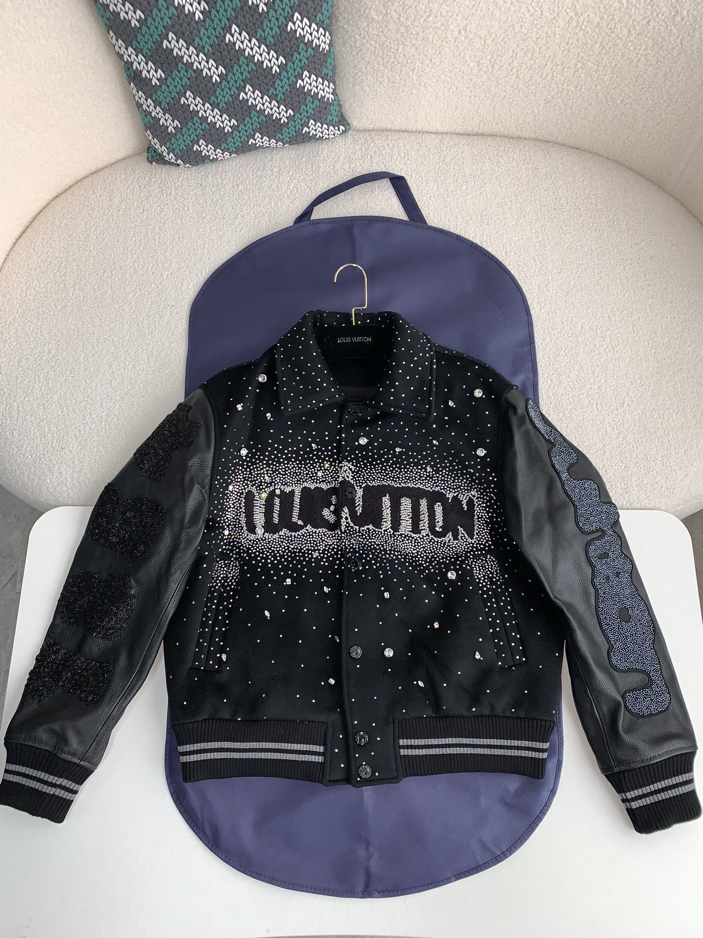 LV FW23 lettered beaded embroidered leather jacket